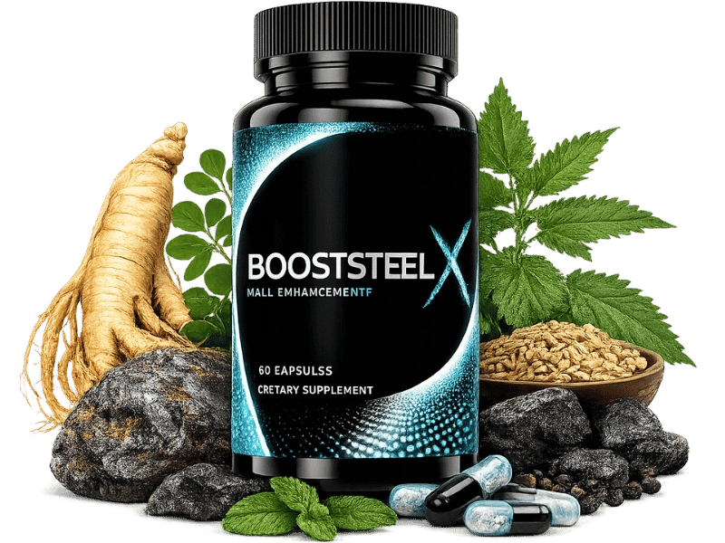 BoostSteelX single bottle — premium natural male enhancement capsules with teal label — 30-day supply