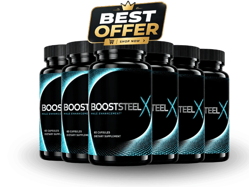 BoostSteelX 6-bottle best value pack — dark premium male performance supplement bottles with teal and gold label — 180-day supply